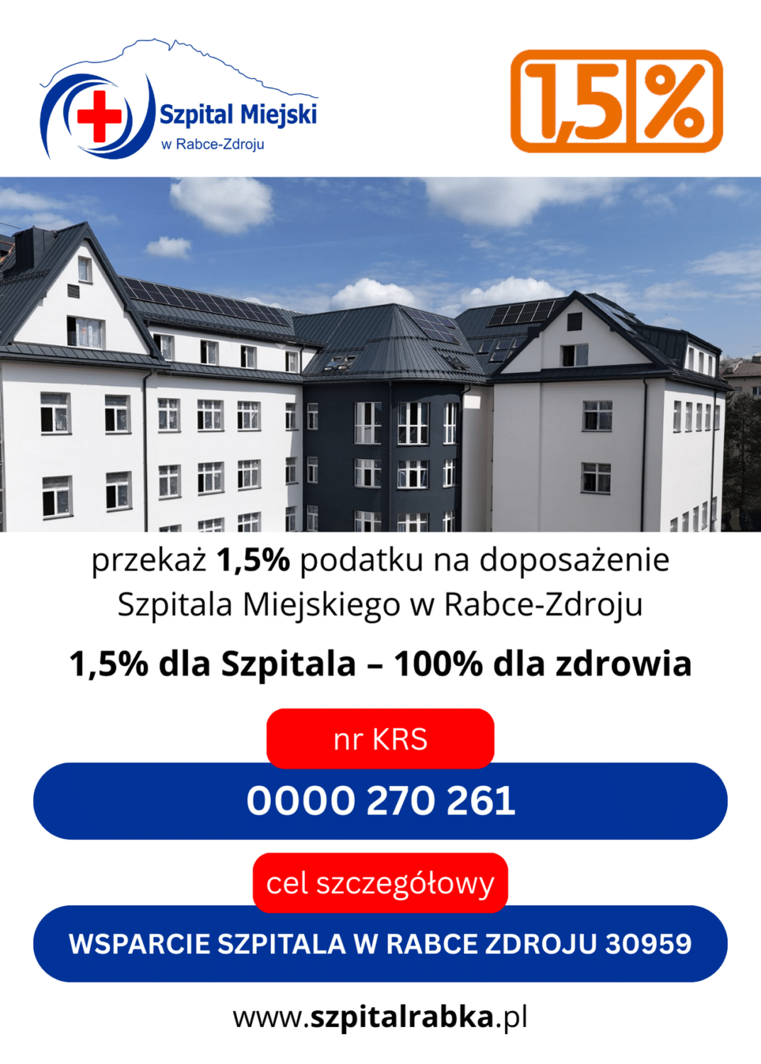 Wspieraj Szpital Miejski w Rabce-Zdroju – Twój 1,5% ma moc! Wspieraj Szpital Miejski w Rabce-Zdroju – Twój 1,5% ma moc!